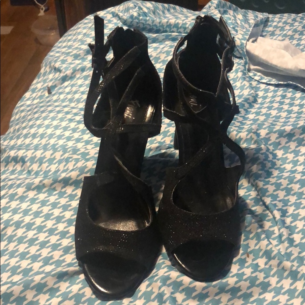 Black sliver sparkle open toe heels